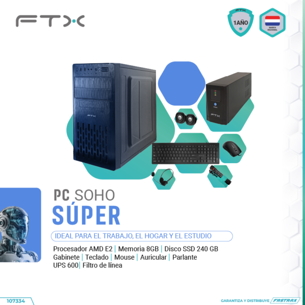 Computadora Ftx Soho Super E2/240Ssd/8G + Ups 600W + Filtro + Auricular + Mouse + Teclado